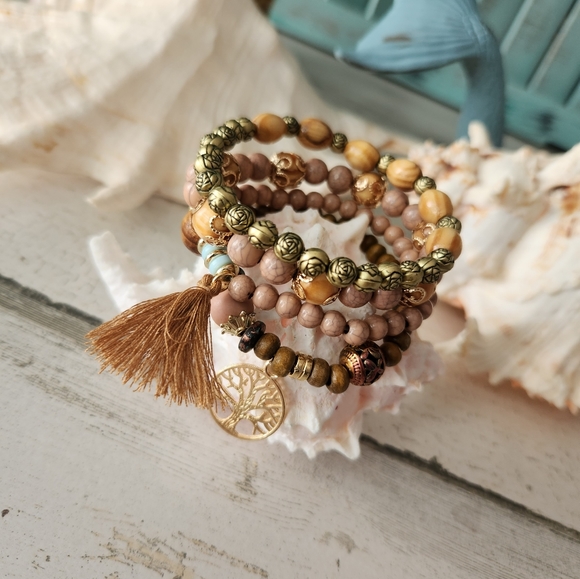 NEW Set of Four Boho Stackable Bracelets - Tree of Life - Brown - Picture 3 of 5